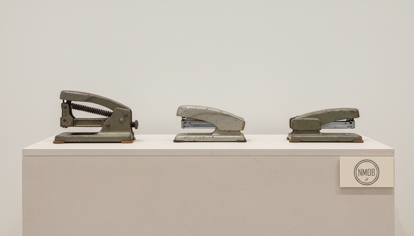 Staplers on a neutral museum pedestal